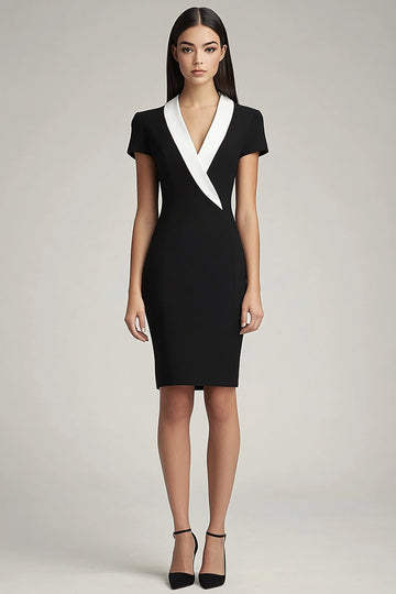 Black and White Bodycon Satin Shawl Lapel Midi Work Blazer Dress
